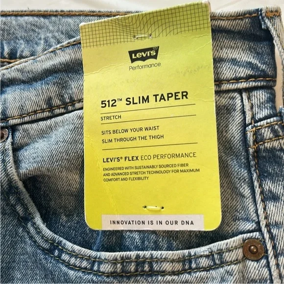 Levi's 34 x 36 Jeans 512 Slim Taper Fit Stretch Jeans zip fly NWT
